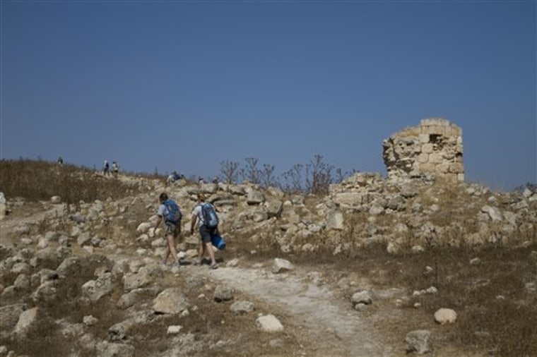 Volunteers and archeologists walk up a hill at an excavation site in Tel el-Safi, southern Israel, in this photo taken Wednesday, July 6, 2011.